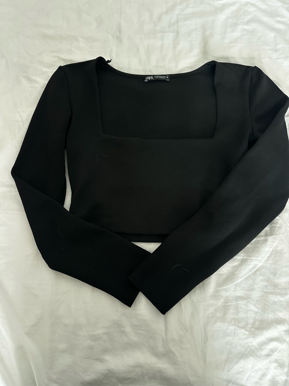 Zara Black Square-Neck Long Sleeve Crop Top - Slim Fit